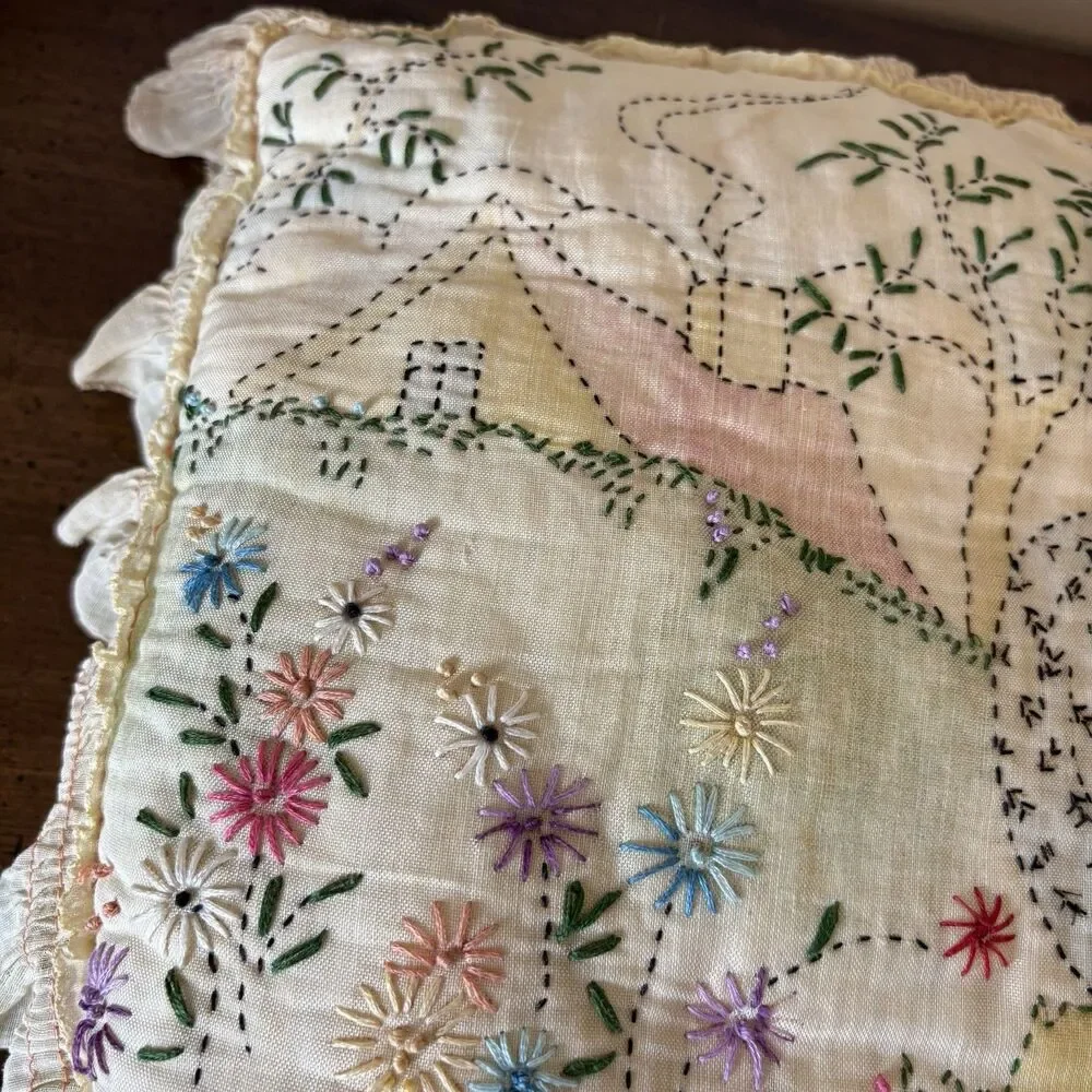 Vtg Pillow 1920s Era Flapper Southern Belle Hand Embroidered Cottagecore AS IS